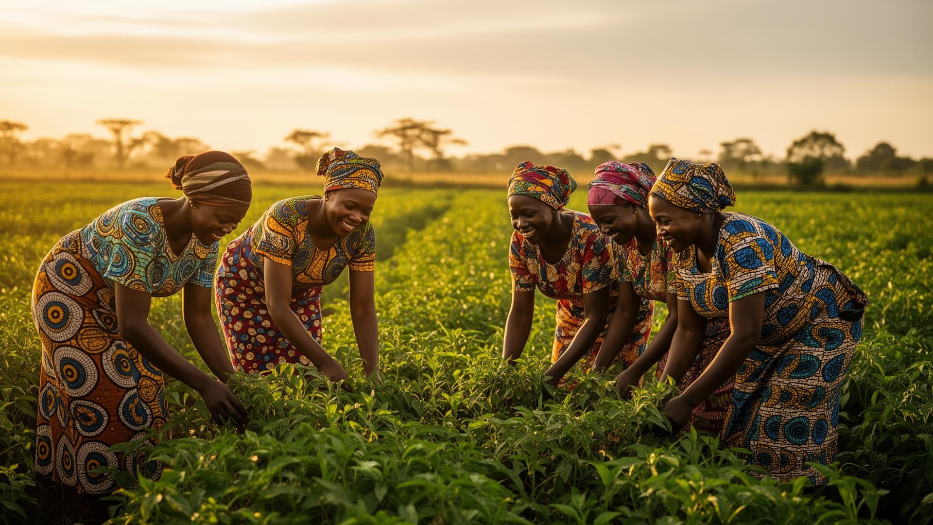 African women farmers working together at sunrise